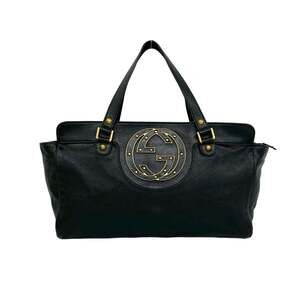 GUCCI Interlocking G Studded Leather Handbag Mini Tote Bag Boston Black 71610